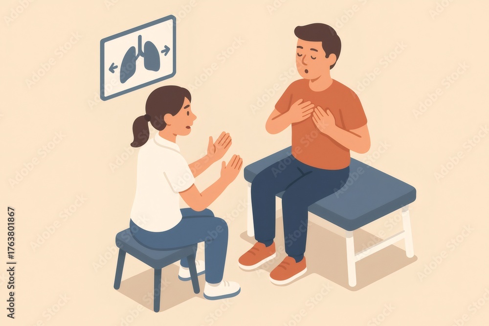 Obraz premium Adult man participating in a breathing exercise session with a medical professional, focusing on respiratory health
