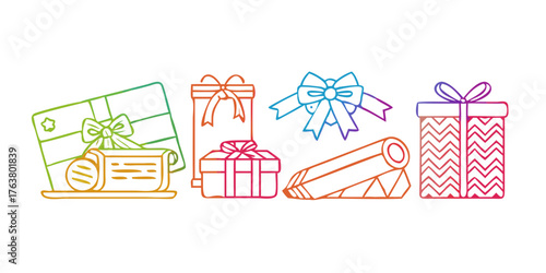 Set of colorful Christmas gift boxes and presents with festive ribbons and bows, perfect for holiday celebration illustrations and surprise packages