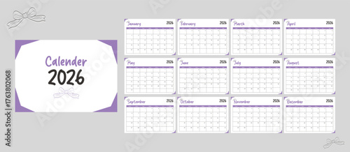 2026 Calendar Purple Template with Bow Design and Monthly Pages Vector Illustration