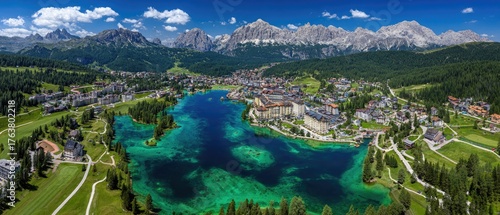 Fototapeta Naklejka Na Ścianę i Meble -  Scenic aerial panorama of a mountain town by a lake with clear turquoise water