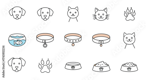 Simple line pet icons set: cats, dogs, paw prints, collars, bowls