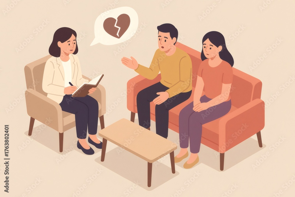 Fototapeta premium Man and woman having a therapy session with a counselor, addressing relationship conflict, communication issues, and a broken heart