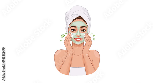 Woman with facial mask in spa routine wearing towel on head
