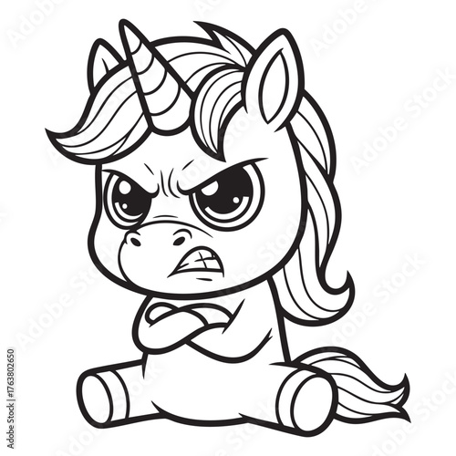 Angry Cute Unicorn Sitting with Crossed Arms – Black-and-White Line Art Vector Illustration
