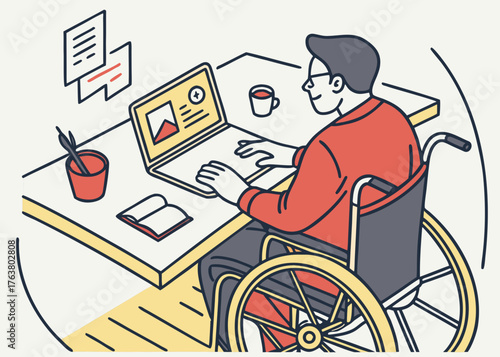 Cartoon vector illustration of a disabled man in a wheelchair working on a computer