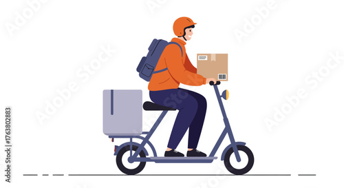 Courier on electric scooter delivering parcel wearing helmet and backpack