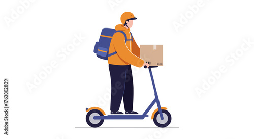 Courier on scooter in flat style delivering parcel in urban setting