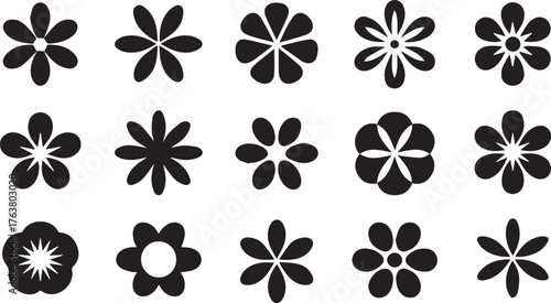 Black and White Set of Fifteen Stylized Flower Icons with Varying Petal Shapes