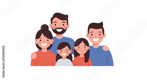 Happy family group portrait in flat cartoon style with smiling faces