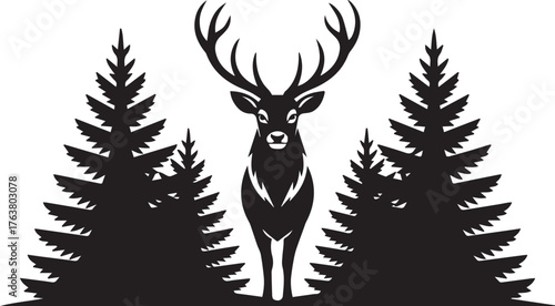Black and White Silhouette Illustration of a Stag Deer Standing Between Pine Trees