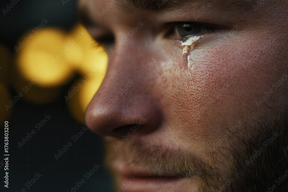 Obraz premium Closeup of man crying with tears and cinematic lighting.