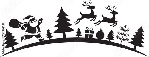 Black and White Silhouette of Santa, Reindeer, Christmas Trees, Gift, and Ornament on a Hill