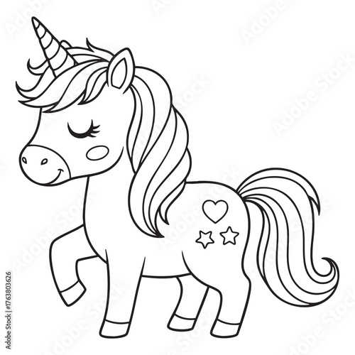 Adorable Prancing Unicorn Line Art – Black-and-White Vector Coloring Page Illustration