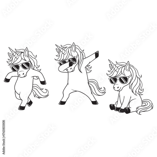Cool Unicorns in Sunglasses – Dancing, Dabbing & Sitting Line Art Vector Illustration
