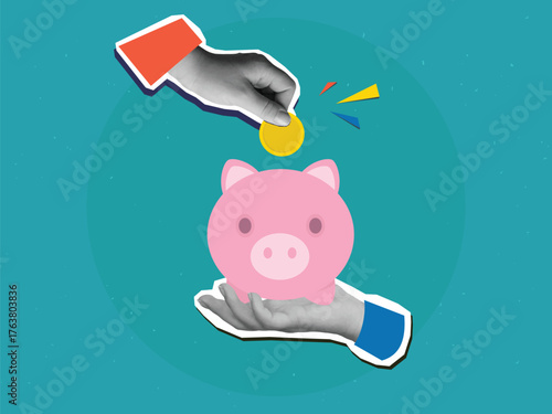 One hand puts golden coin in a piggy bank in other hand. Modern photo collage style. Vector illustration