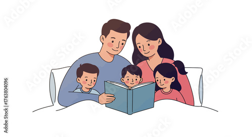 Happy family reading together in bed with smiling parents and kids
