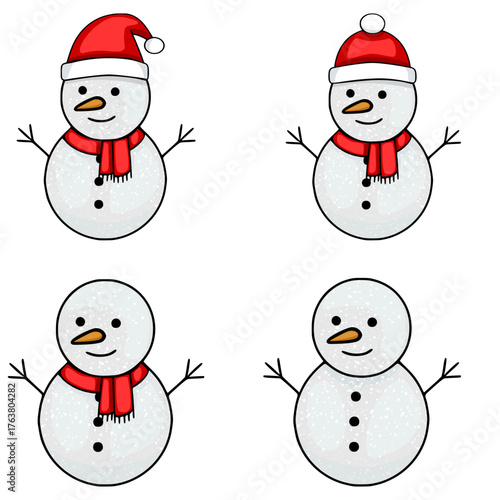 Four charming vector snowman illustrations, two wearing festive red Santa hats and scarves, one with just a scarf, and the last one bare, all with carrot noses and twig arms, isolated