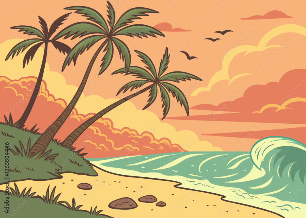 Obraz premium Color full afternoon vector art of beach 
