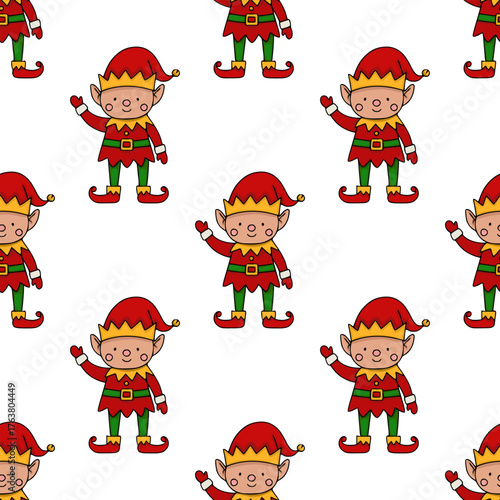 A charming vector pattern featuring playful Christmas elves in festive red and green attire, with golden crowns, waving cheerfully against a clean white background, perfect for holiday decorations...
