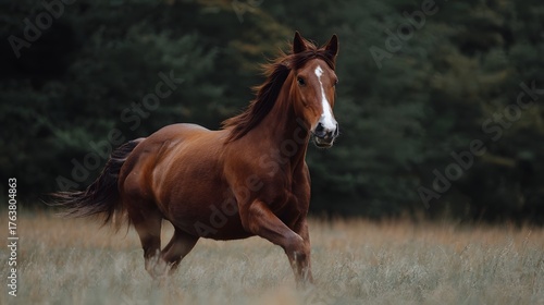 A majestic brown horse with a white blaze gallops across a sun d d grassy field