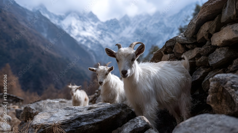 Obraz premium Three white goats stand on a rocky mountain slope with snowy peaks in the background