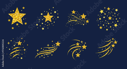 Shimmering gold star designs on dark background