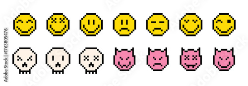 Pixels Y2k funny face expression stickers set. Sad, happy angry 8-bit retro style vector characters illustration. Trendy playful emotions collection with imps and sculls. Game digital icons. Isolated
