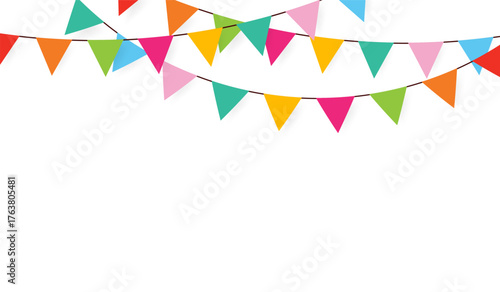 Carnival garland with colorful flags. Decorative pennant bunting for birthday celebrations, festivals, parties, and bright decorations. Festive design on white background. Vector illustration.