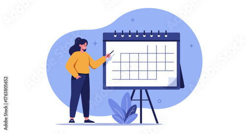 Flat style woman presenting on flipchart in workplace setting with calendar design