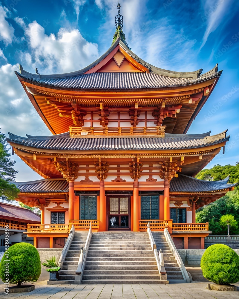 Fototapeta premium Traditional japanese pagoda with intricate details against a blue sky