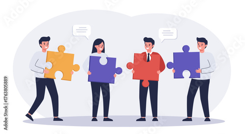 Team collaboration concept with people holding puzzle pieces in flat design