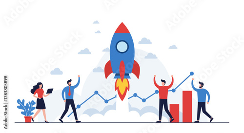 Growth and success concept with rocket launch and business team collaboration