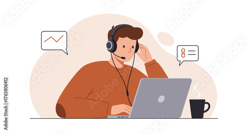 Customer support agent working remotely with headset and laptop in modern flat style