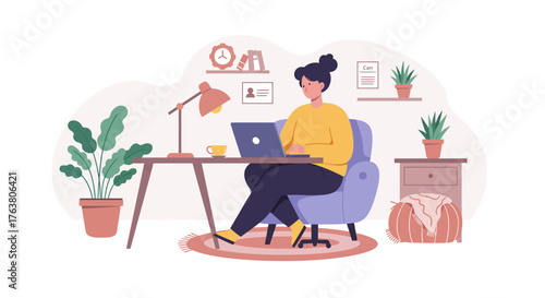 Cozy home office: woman working on laptop with tea and plants in a minimalist style