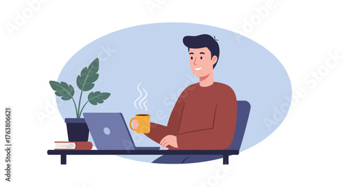 Smiling man working on laptop with coffee in cozy home office