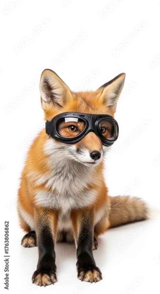 Obraz premium fox wearing goggles on it's head on a solid white background