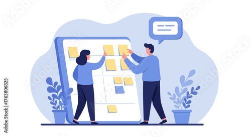 Team collaboration and planning with sticky notes on a digital board
