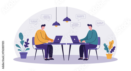 Collaborative workplace scene with two people working on laptops in modern office