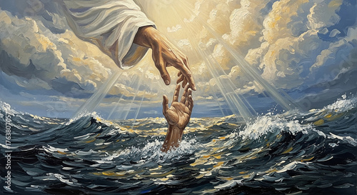 Oil painting with very large brush strokes of the hand of Jesus saving the hand of a drowning man. Miracle of saving the life of Jesus Christ, the Son of God, salvation from drowning. Christmas