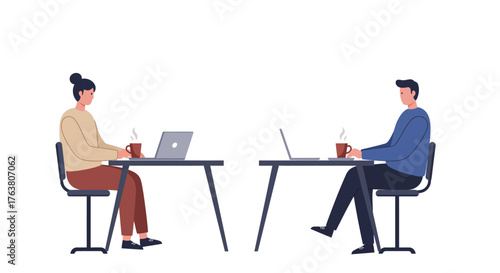 Remote work: two colleagues at desks with laptops and coffee