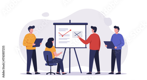 Business presentation meeting with team analyzing data on board