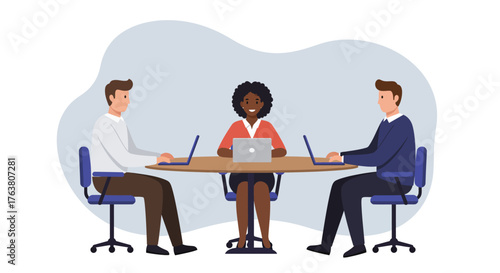 Team collaboration in modern office setting with laptops and diverse colleagues