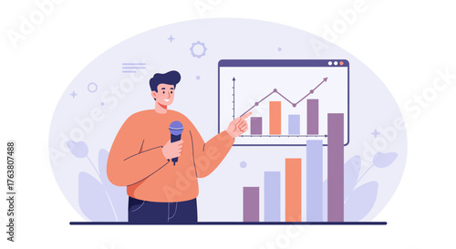 Business presentation with man presenting growth charts and graphs in modern style