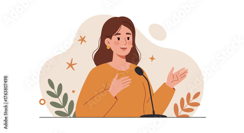 Woman speaking at podium with microphone in modern cartoon style