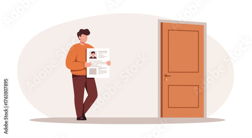 Job interview preparation: man holding resume at office door