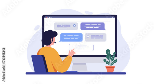 Online customer support concept with agent at computer in minimalist workspace