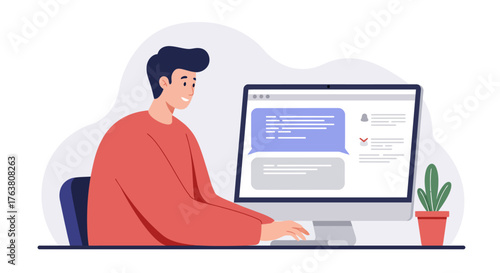 Modern flat design of young man engaging in online chat on computer