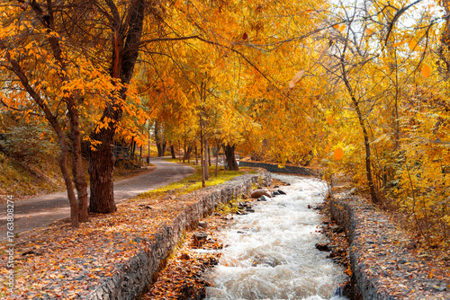 Terrenkur walking trail and small Almatinka river in autumn, Almaty city, Kazakhstan