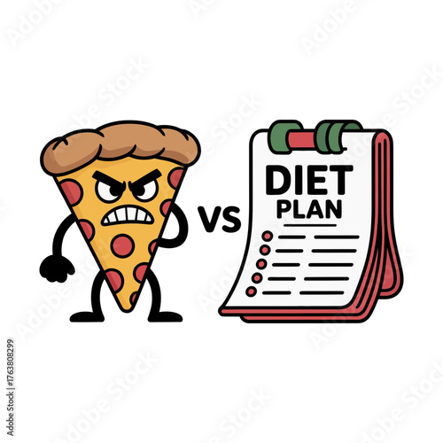 Vector art of angry pizza slice faces off against a diet plan on, symbolizing the struggle between unhealthy cravings and healthy choices
