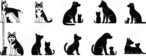 Dog and cat silhouettes, pet companion icons, animal pose comparison, breed diversity, black outlines, domestic animals, pet illustration, animal friendship, vector set